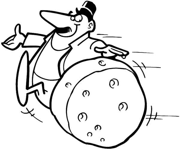 Man rolling large wheel of cheese vinyl sticker. Customize on line.     Cheese 019-0067  